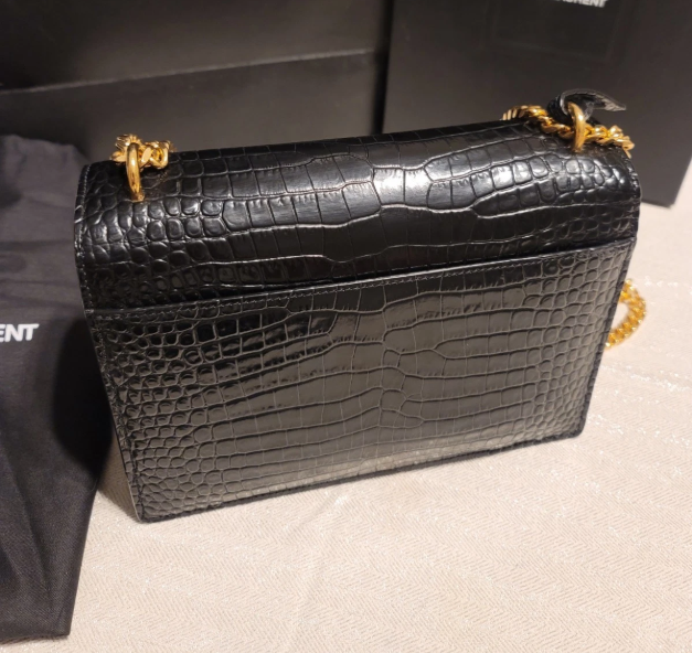 Saint Laurent Sunset Medium Bag in Crocodile-Embossed Leather NOIR Authentic