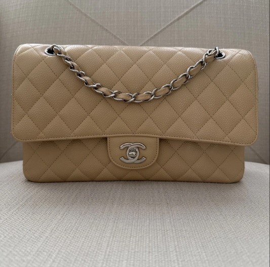 Chanel Medium Classic Double Flap Beige Caviar Bag Leather Silver Hardware