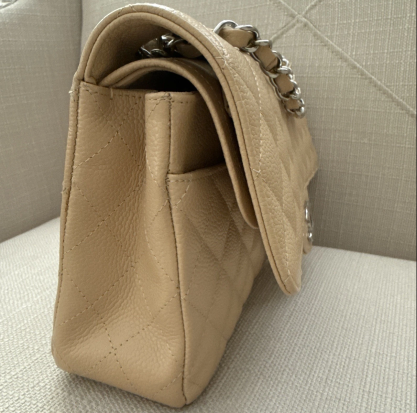 Chanel Medium Classic Double Flap Beige Caviar Bag Leather Silver Hardware