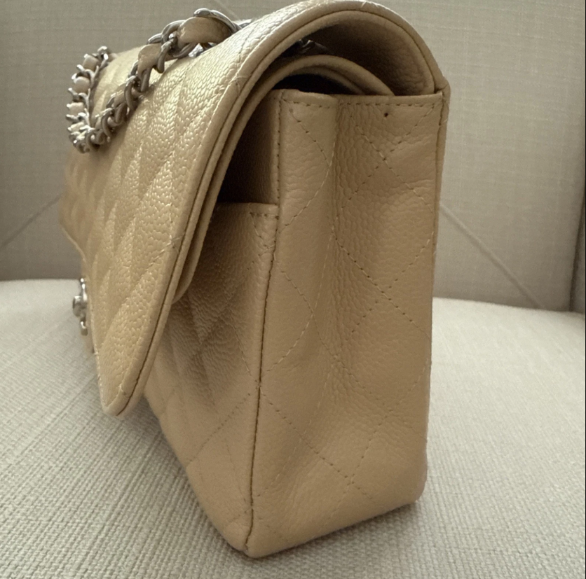 Chanel Medium Classic Double Flap Beige Caviar Bag Leather Silver Hardware