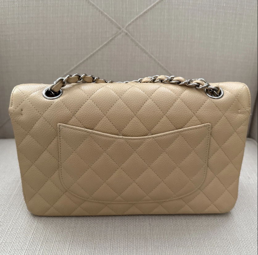 Chanel Medium Classic Double Flap Beige Caviar Bag Leather Silver Hardware