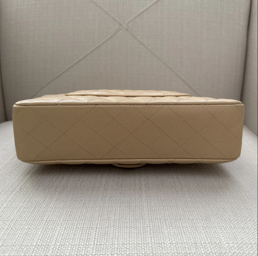 Chanel Medium Classic Double Flap Beige Caviar Bag Leather Silver Hardware