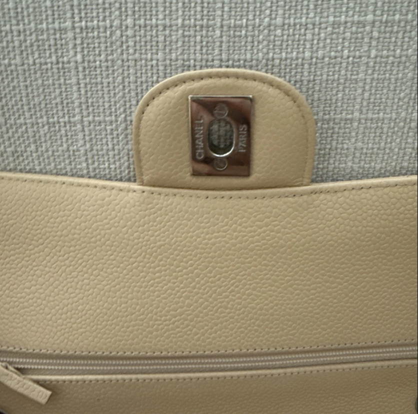 Chanel Medium Classic Double Flap Beige Caviar Bag Leather Silver Hardware