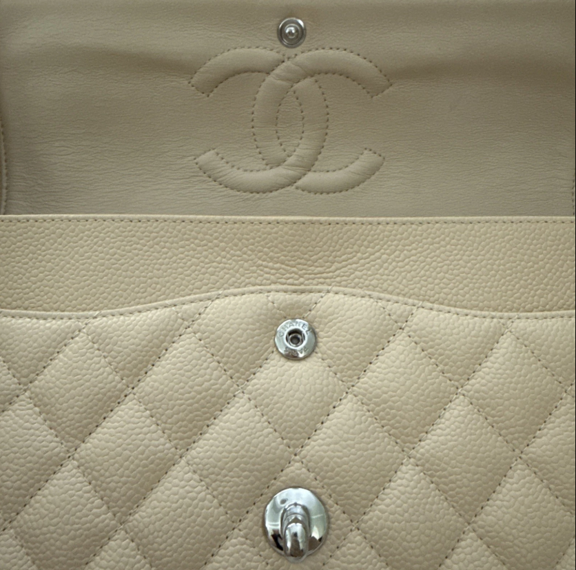Chanel Medium Classic Double Flap Beige Caviar Bag Leather Silver Hardware