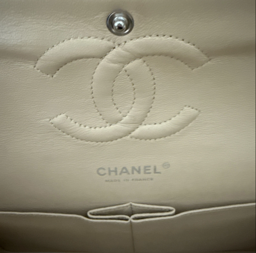 Chanel Medium Classic Double Flap Beige Caviar Bag Leather Silver Hardware