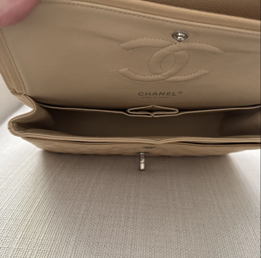 Chanel Medium Classic Double Flap Beige Caviar Bag Leather Silver Hardware