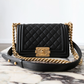Authentic Chanel Medium Old Boy Bag Lamb Skin Quilted Black Flap Gold Hardware