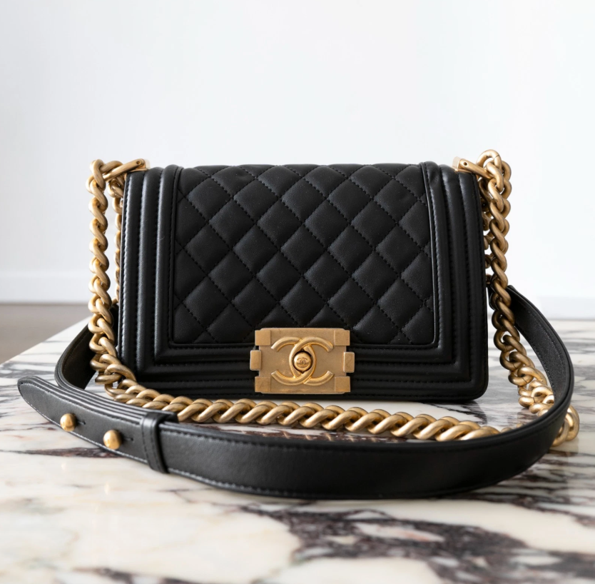 Authentic Chanel Medium Old Boy Bag Lamb Skin Quilted Black Flap Gold Hardware