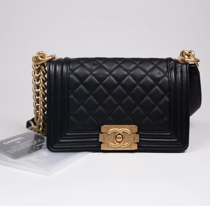Authentic Chanel Medium Old Boy Bag Lamb Skin Quilted Black Flap Gold Hardware