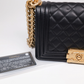 Authentic Chanel Medium Old Boy Bag Lamb Skin Quilted Black Flap Gold Hardware