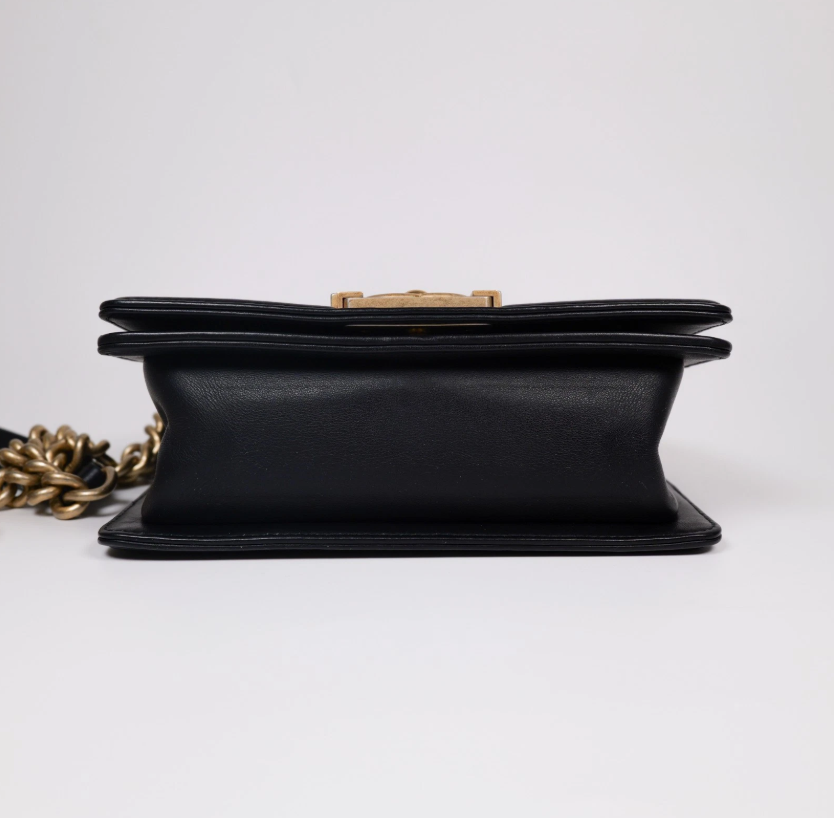 Authentic Chanel Medium Old Boy Bag Lamb Skin Quilted Black Flap Gold Hardware