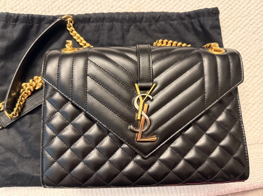 Saint Laurent Black Grain De Poudre Mixed Triquilt Small Monogram Envelope Flap