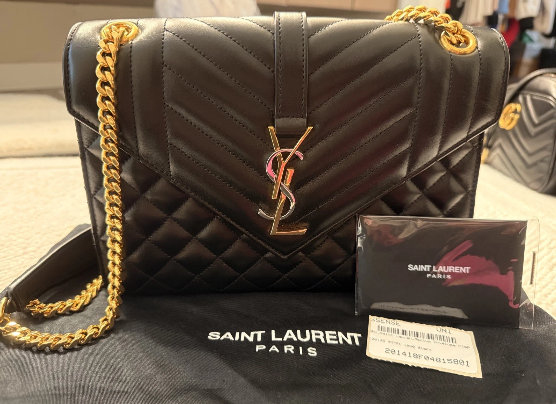 Saint Laurent Black Grain De Poudre Mixed Triquilt Small Monogram Envelope Flap