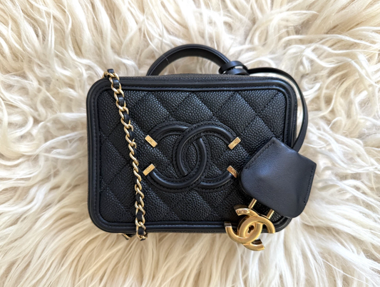 Chanel Vanity Case Small Black Caviar Leather Chain Shoulder Bag Authentic