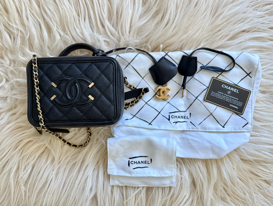 Chanel Vanity Case Small Black Caviar Leather Chain Shoulder Bag Authentic