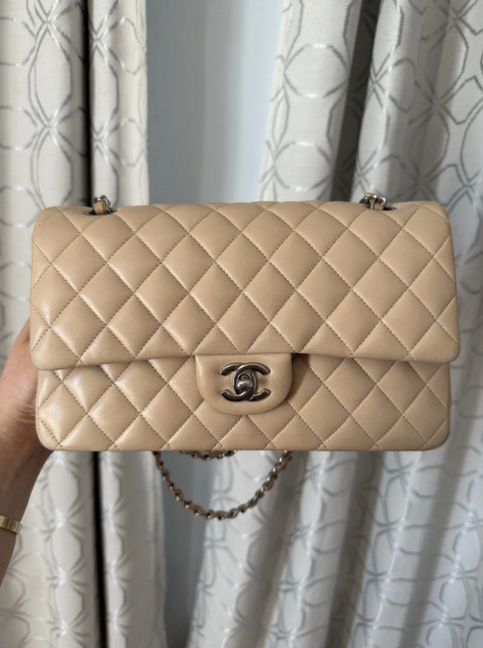 Chanel Classic Beige Clair Lambskin Quilted Medium Double Flap Bag W Silver Hw