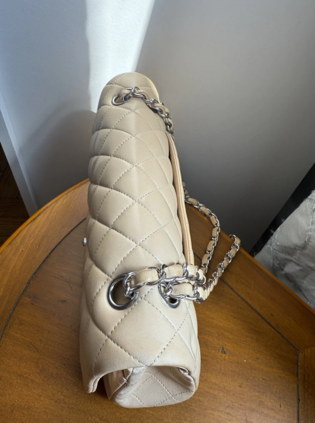 Chanel Classic Beige Clair Lambskin Quilted Medium Double Flap Bag W Silver Hw