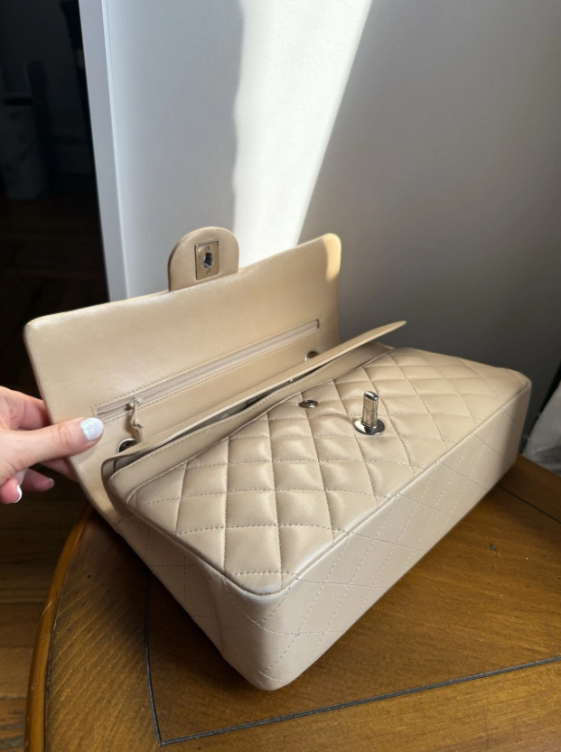 Chanel Classic Beige Clair Lambskin Quilted Medium Double Flap Bag W Silver Hw