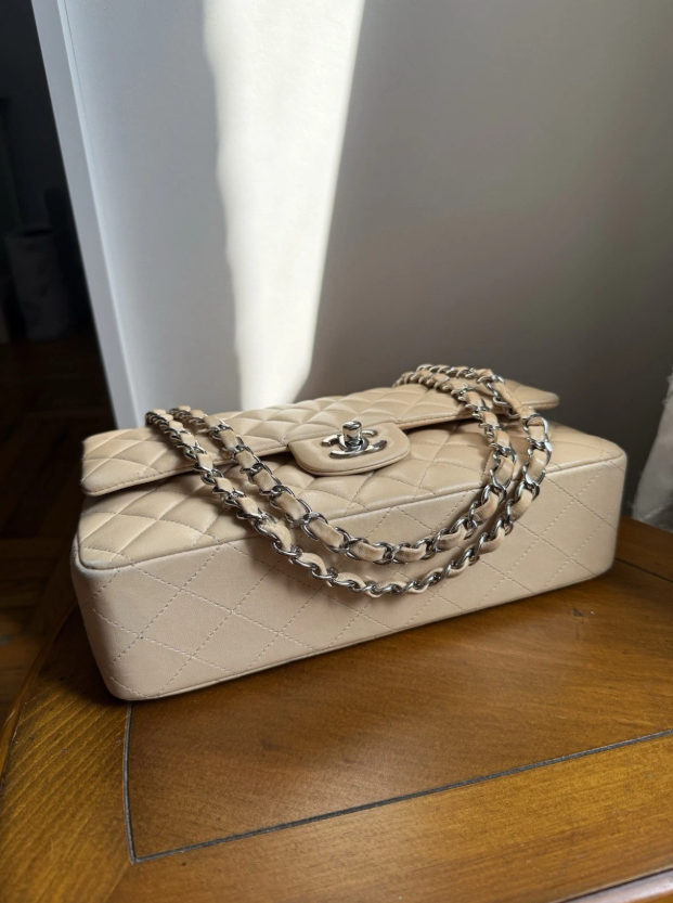 Chanel Classic Beige Clair Lambskin Quilted Medium Double Flap Bag W Silver Hw