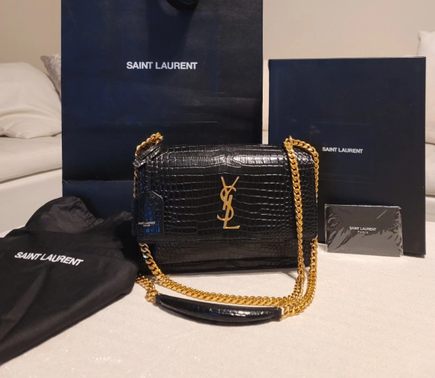 Saint Laurent Sunset Medium Bag in Crocodile-Embossed Leather NOIR Authentic