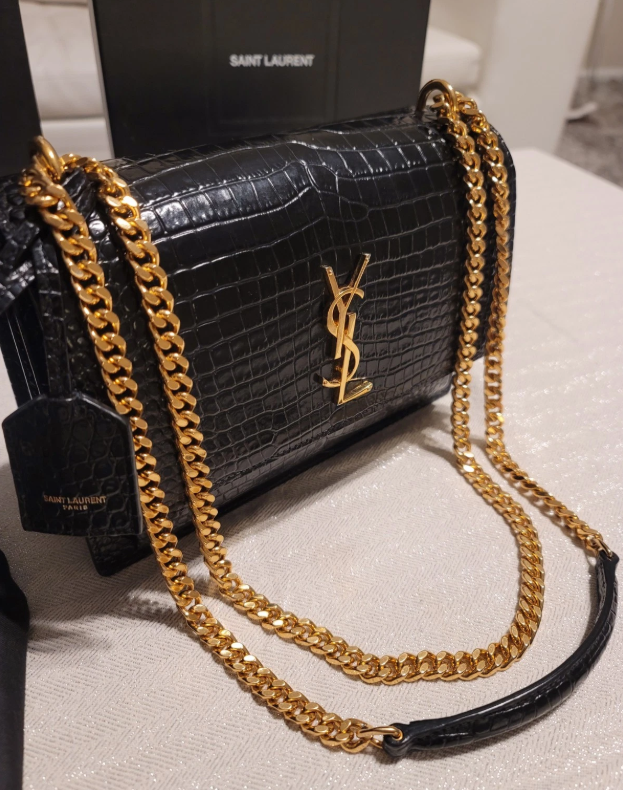 Saint Laurent Sunset Medium Bag in Crocodile-Embossed Leather NOIR Authentic
