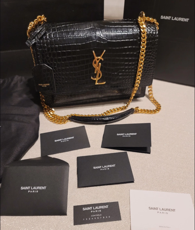 Saint Laurent Sunset Medium Bag in Crocodile-Embossed Leather NOIR Authentic